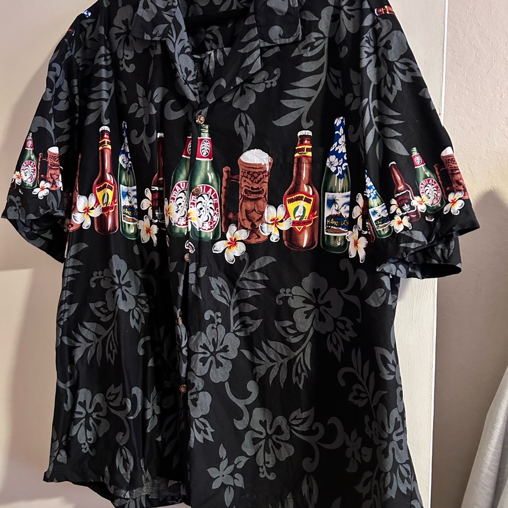 Black Hawaiian Shirt with Floral and Bottle Print
